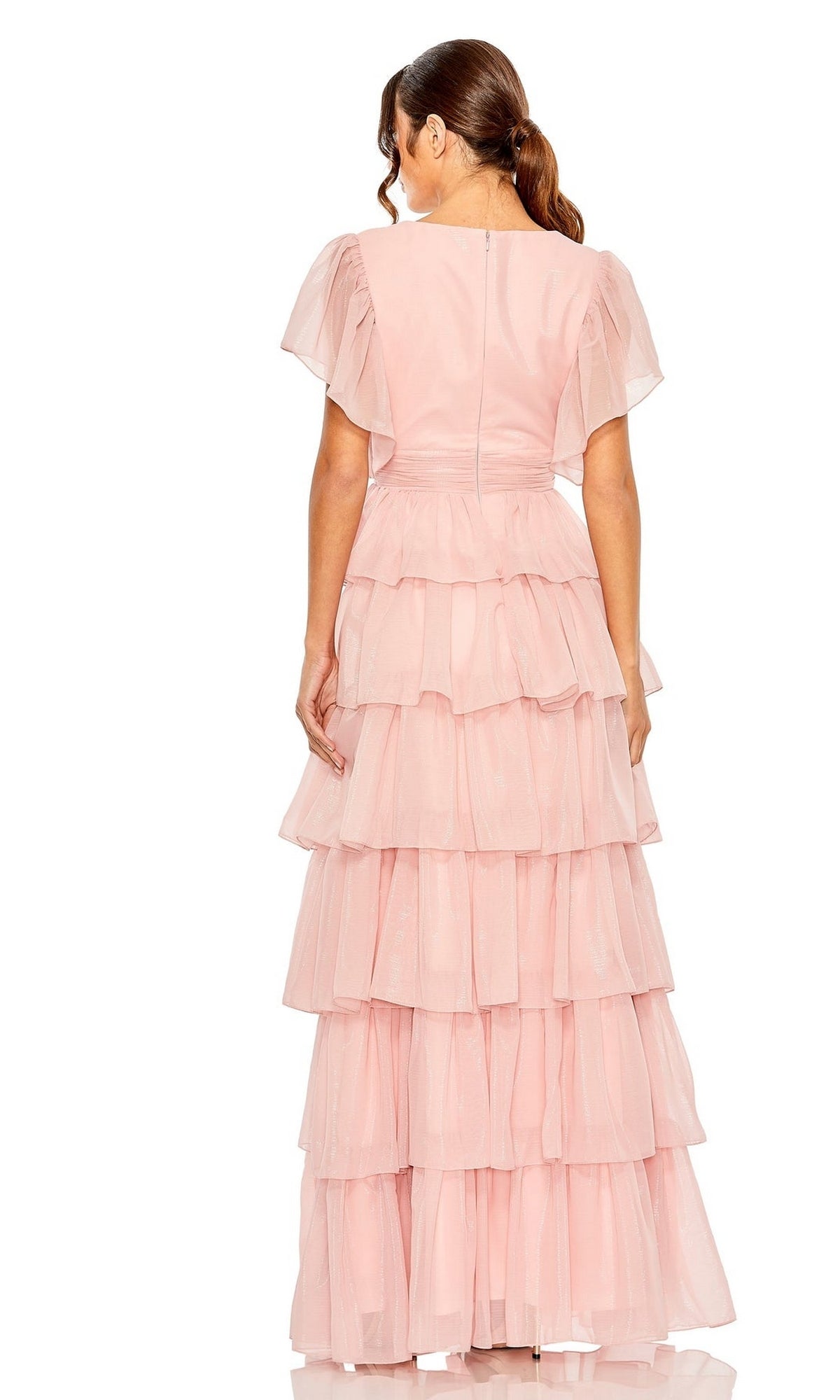 Woman shown from behind in the Mac Duggal 49595 Flutter-Sleeve Long Formal Dress, featuring layered ruffle tiers and short, sheer flutter sleeves in light pink.